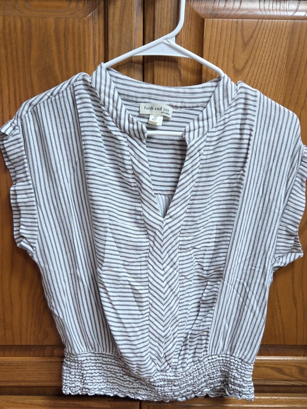 Faith and Joy Cream and Gray Striped V-Neck Smocked-Hem Blouse